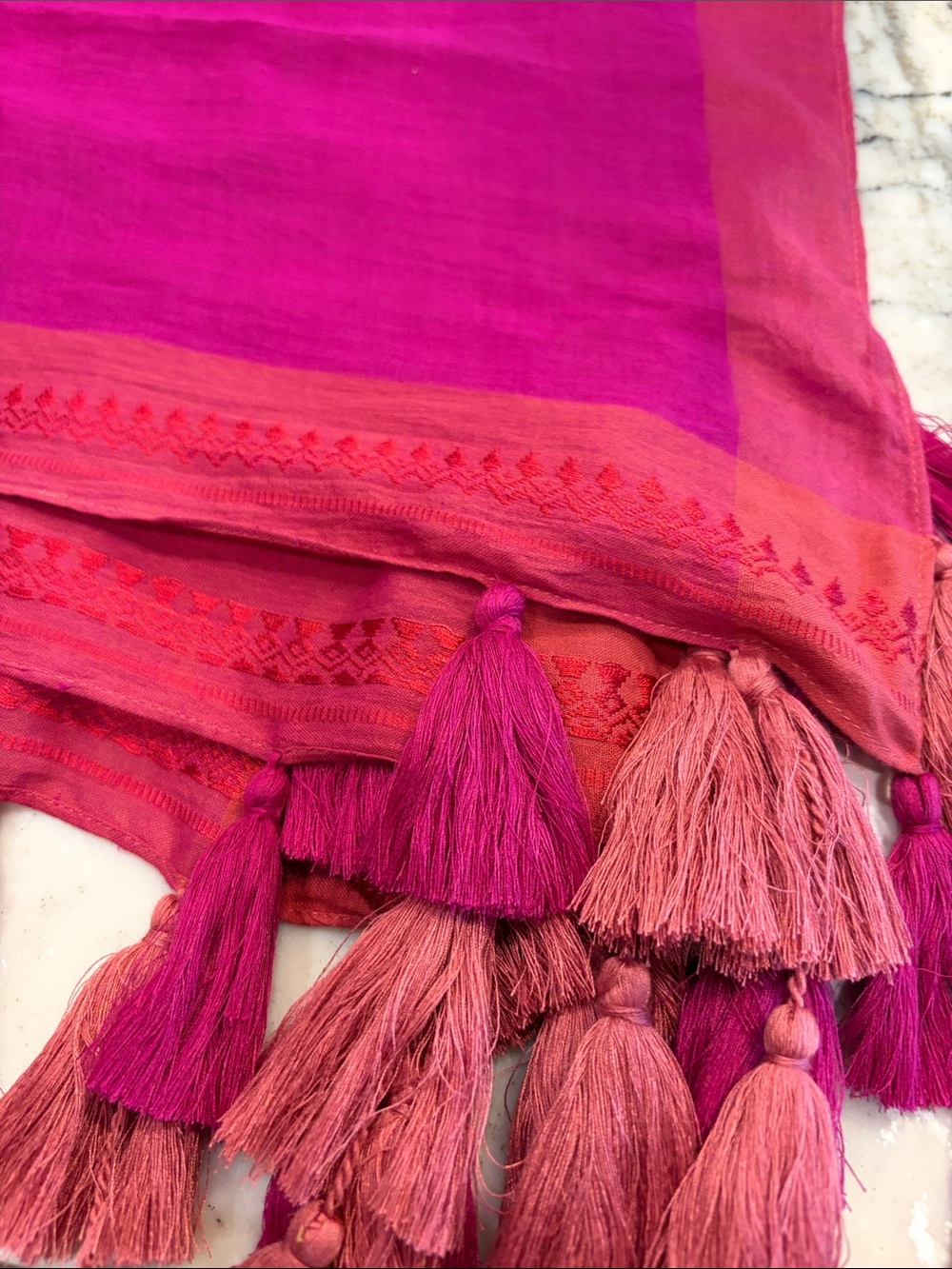 Bright Pink Square Scarf with Coral Border and Tassels
